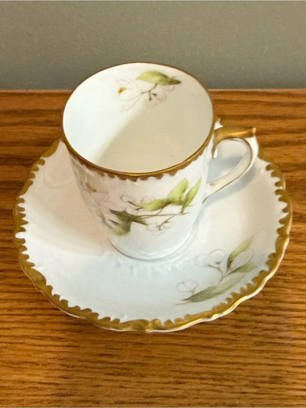 Vintage Porcelain Demitasse Cup and Saucer Hand Paired Floral White Gold Yellow
